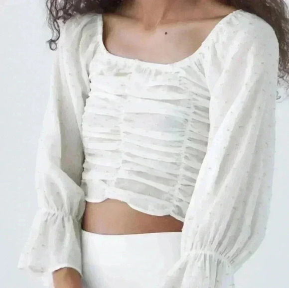 Zara Tops - ZARA Ruched  Babydoll Blouse Size Large Ethereal Fairy Puff Sleeve